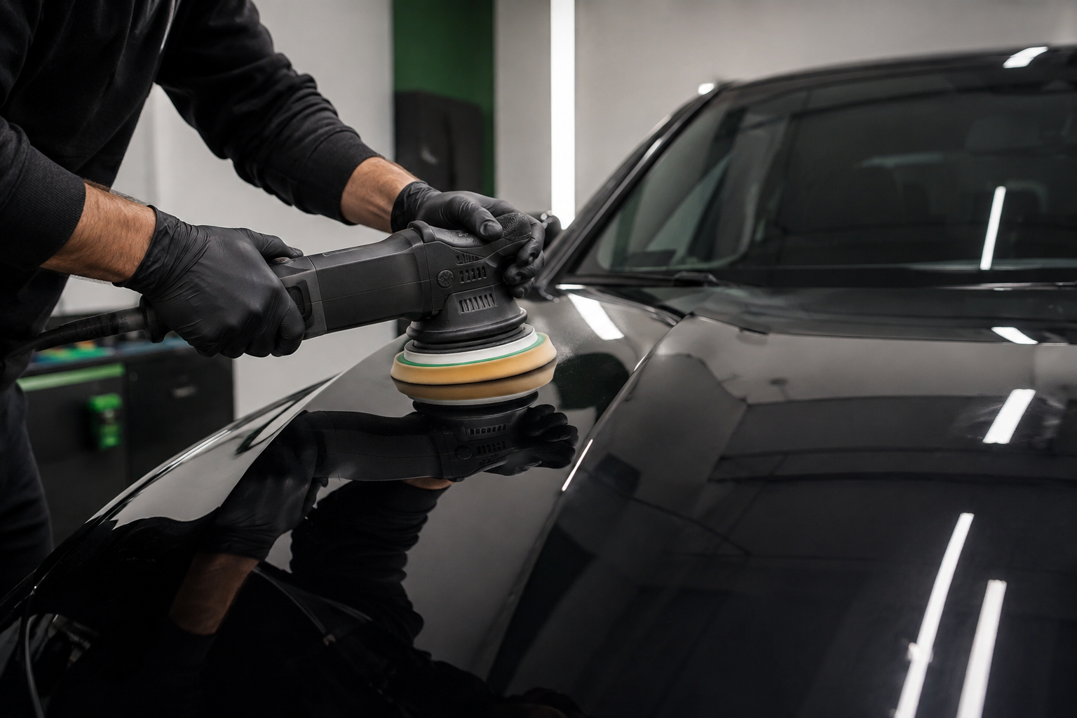 Vehicle paint being polished to improve gloss and surface clarity